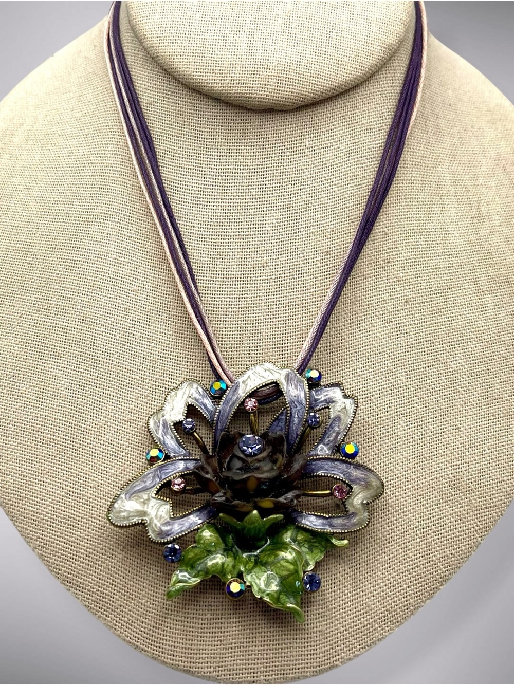 Vintage Enamel and Rhinestone Purple Orchid Flower Statement Cord Necklace